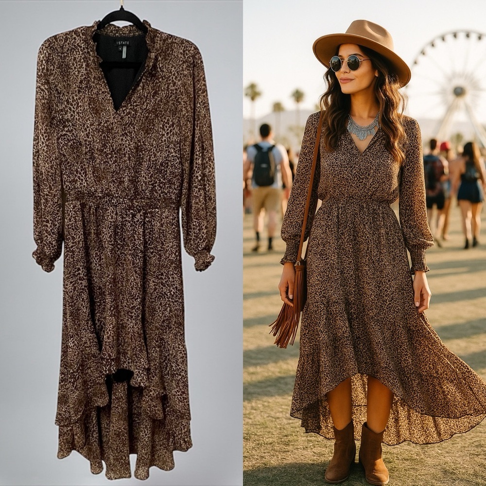 1.STATE Animal Print Maxi Dress Brown Long Sleeve Ruffle Neck Size Small